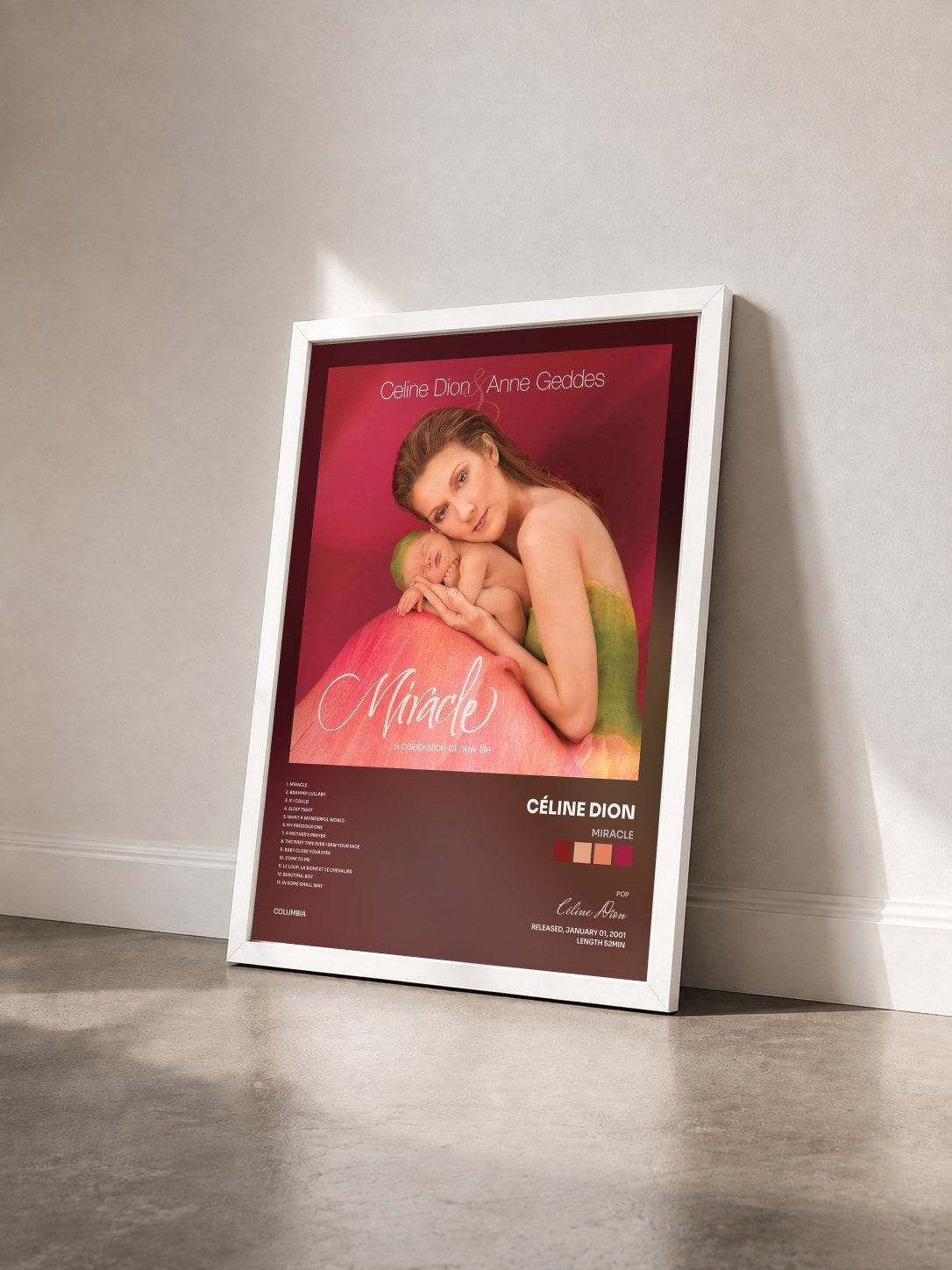 #blanc Tableau de l'album Miracle de Céline Dion vu de trois quarts, cadre blanc