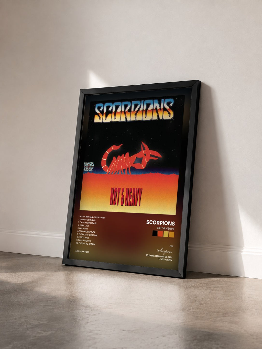 #noir Tableau de l'album Hot & Heavy de Scorpions vu de trois quarts, cadre noir