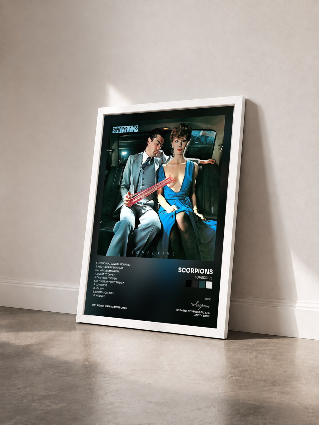 #blanc Tableau de l'album Lovedrive de Scorpions vu de trois quarts, cadre blanc