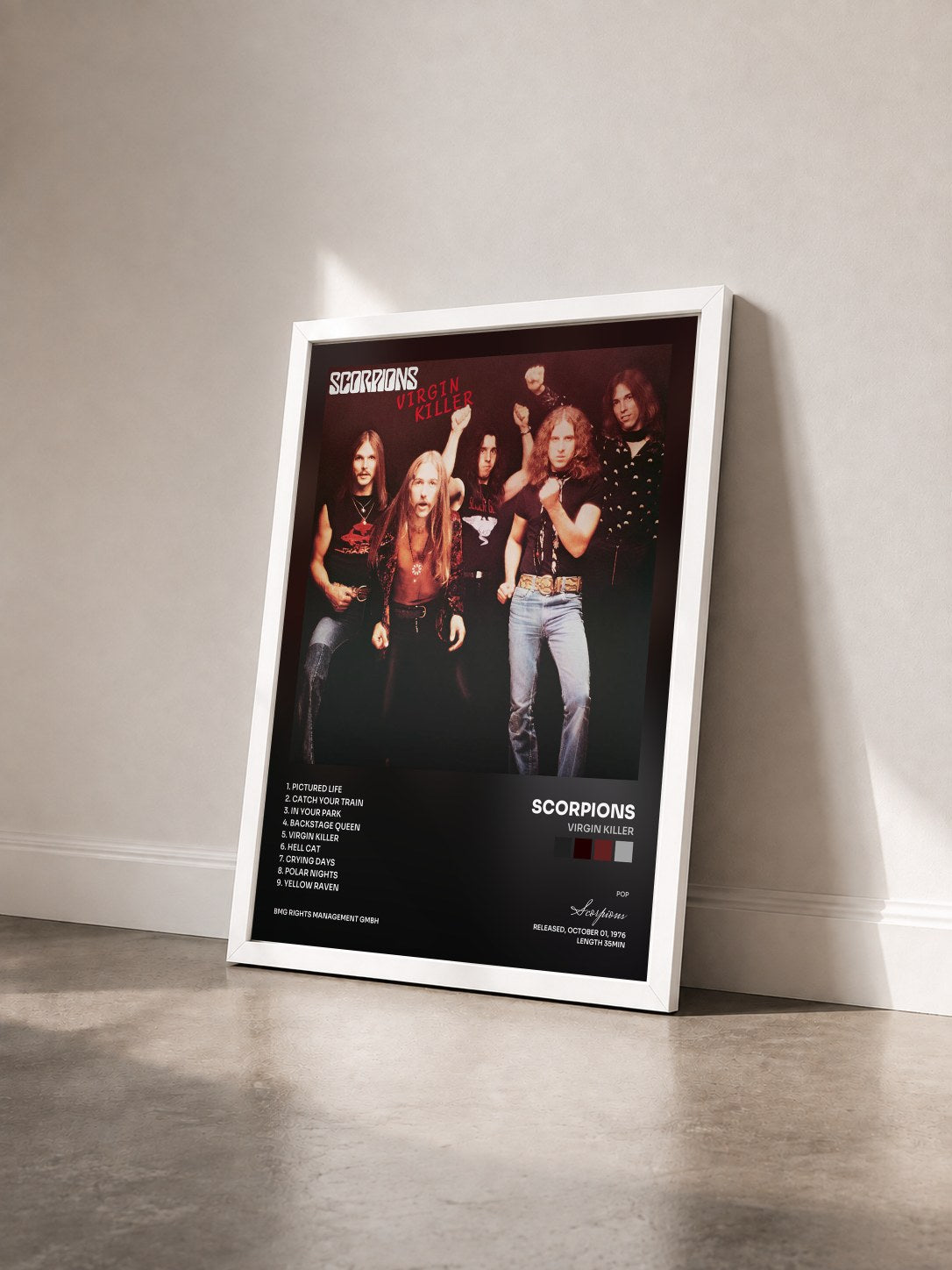 #blanc Tableau de l'album Virgin Killer de Scorpions vu de trois quarts, cadre blanc