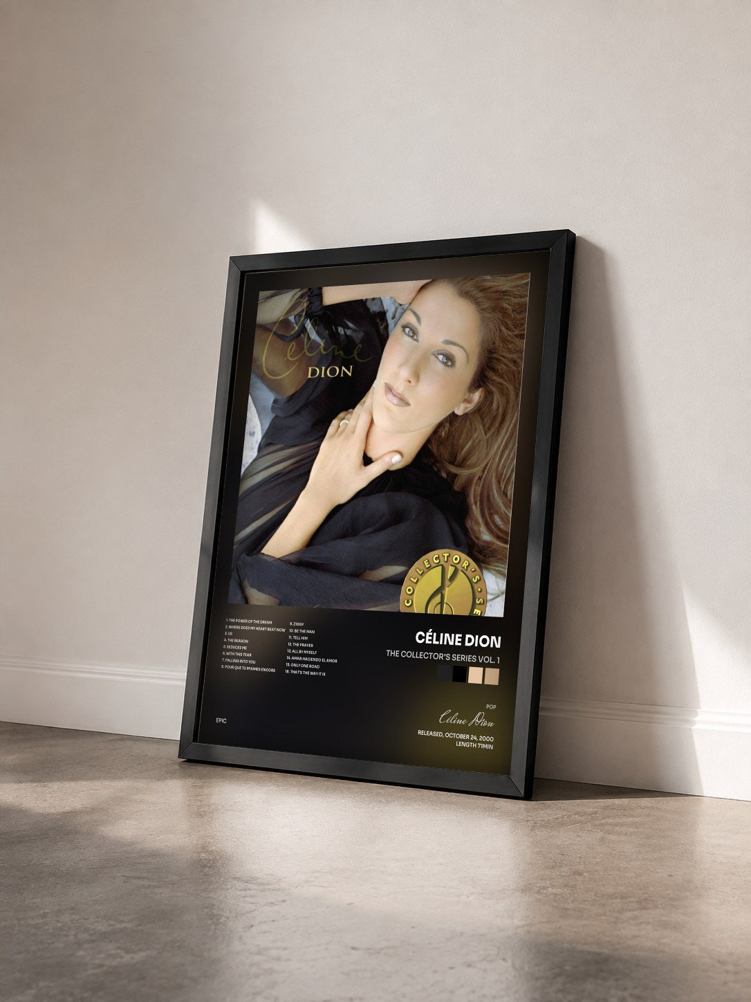#noir Tableau de l'album The Collector's Series Vol. 1 de Céline Dion vu de trois quarts, cadre noir