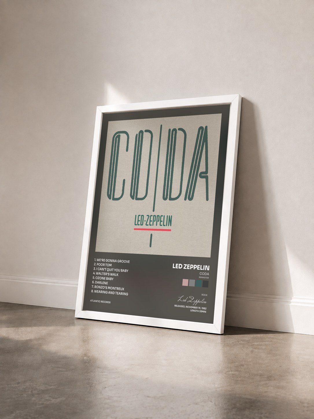 #blanc Tableau de l'album Coda (Remaster) de Led Zeppelin vu de trois quarts, cadre blanc