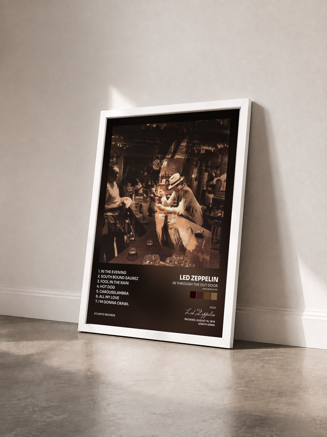 #blanc Tableau de l'album In Through the out Door (1994 Remaster) de Led Zeppelin vu de trois quarts, cadre blanc