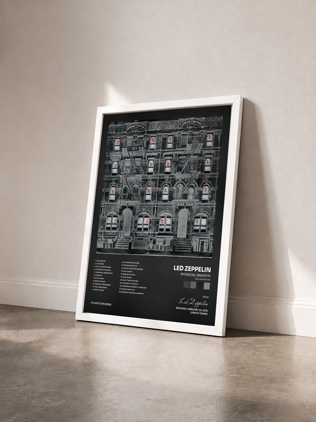 #blanc Physical Graffiti (Deluxe Edition) by Led Zeppelin as a framed art print seen at an angle, white frame