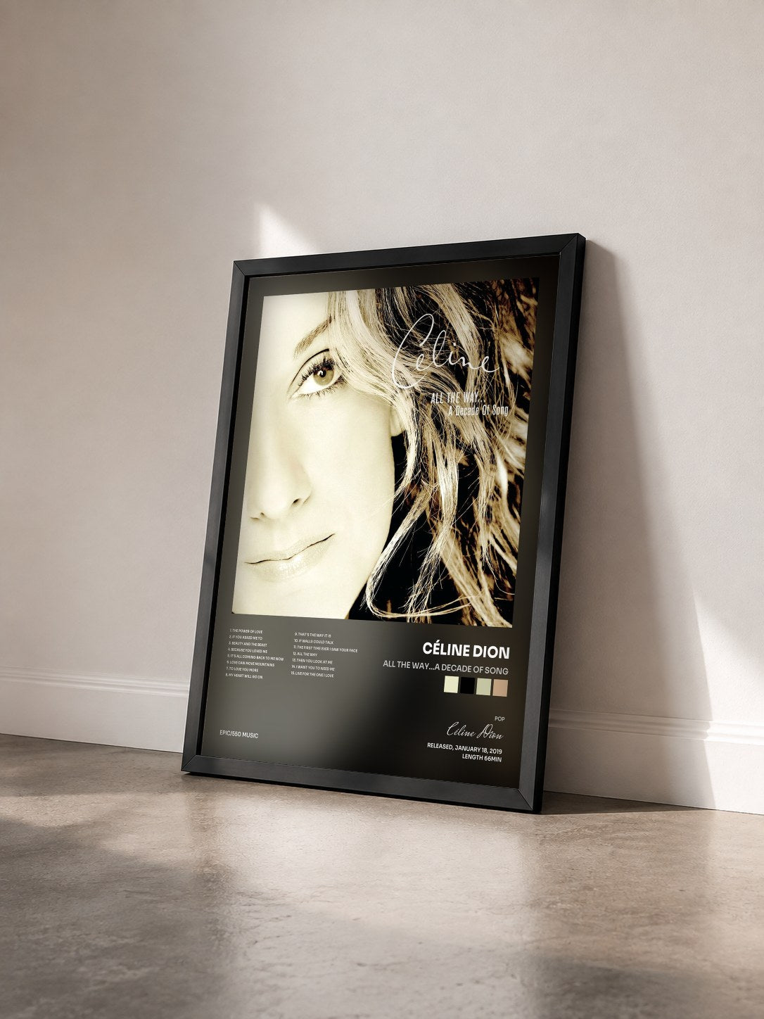 #noir Tableau de l'album All the Way...A Decade of Song de Céline Dion vu de trois quarts, cadre noir