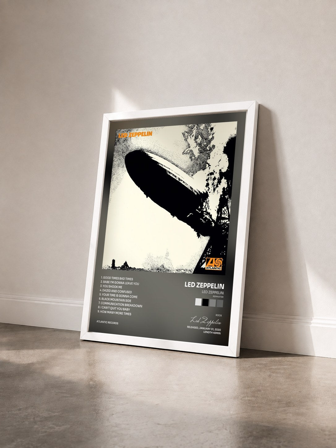 #blanc Led Zeppelin (Remaster) by Led Zeppelin as a framed art print seen at an angle, white frame