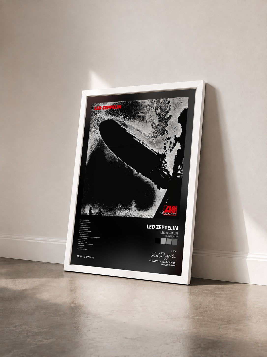 #blanc Led Zeppelin (Deluxe Edition) by Led Zeppelin as a framed art print seen at an angle, white frame