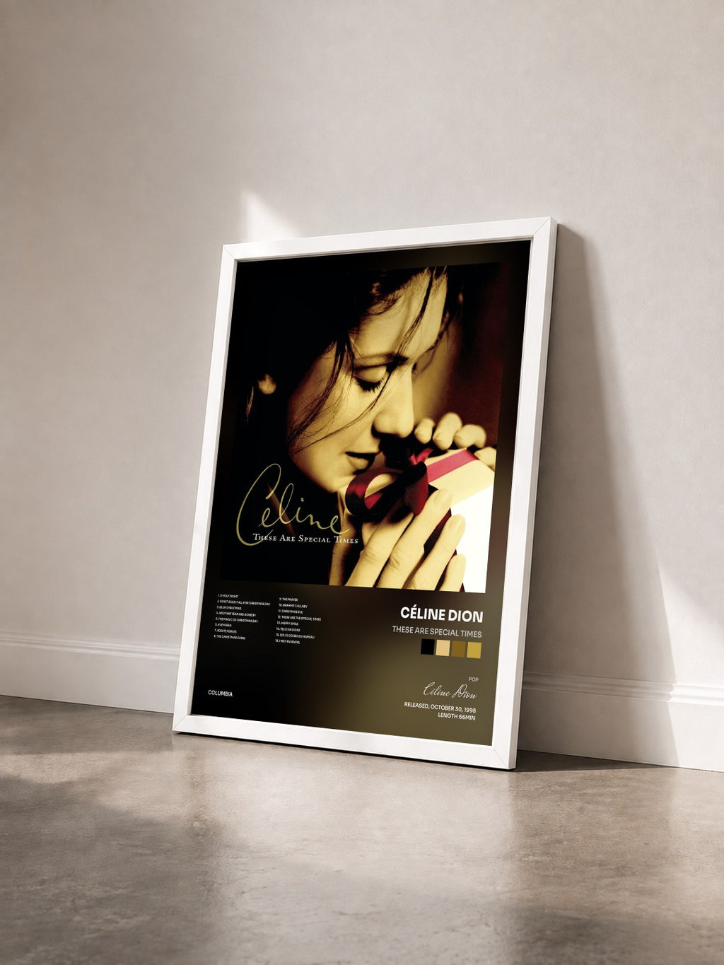 #blanc These are Special Times by Céline Dion as a framed art print seen at an angle, white frame