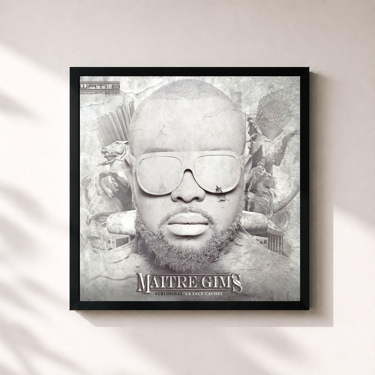 #noir Tableau carré de l'album Subliminal (La face cachée) de GIMS, cadre noir 32x32 cm