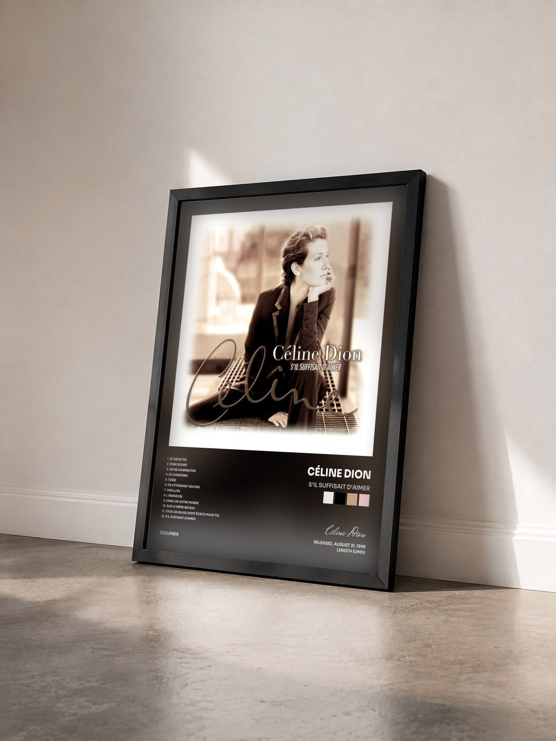#noir Tableau de l'album S'il Suffisait D'aimer de Céline Dion vu de trois quarts, cadre noir