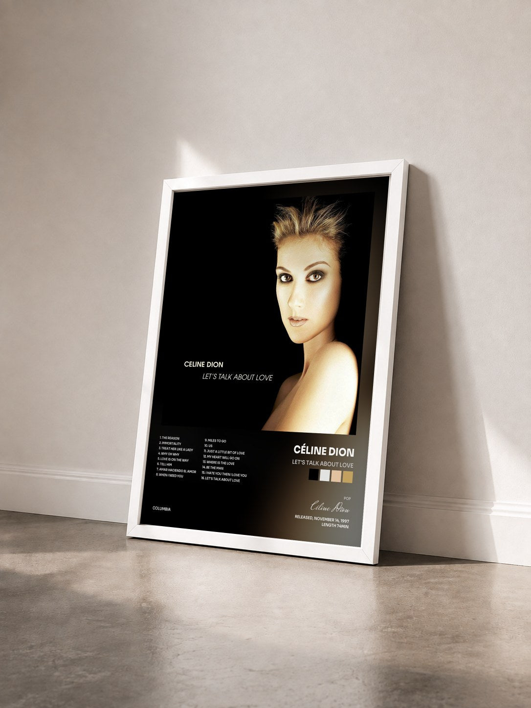 #blanc Tableau de l'album Let's Talk About Love de Céline Dion vu de trois quarts, cadre blanc