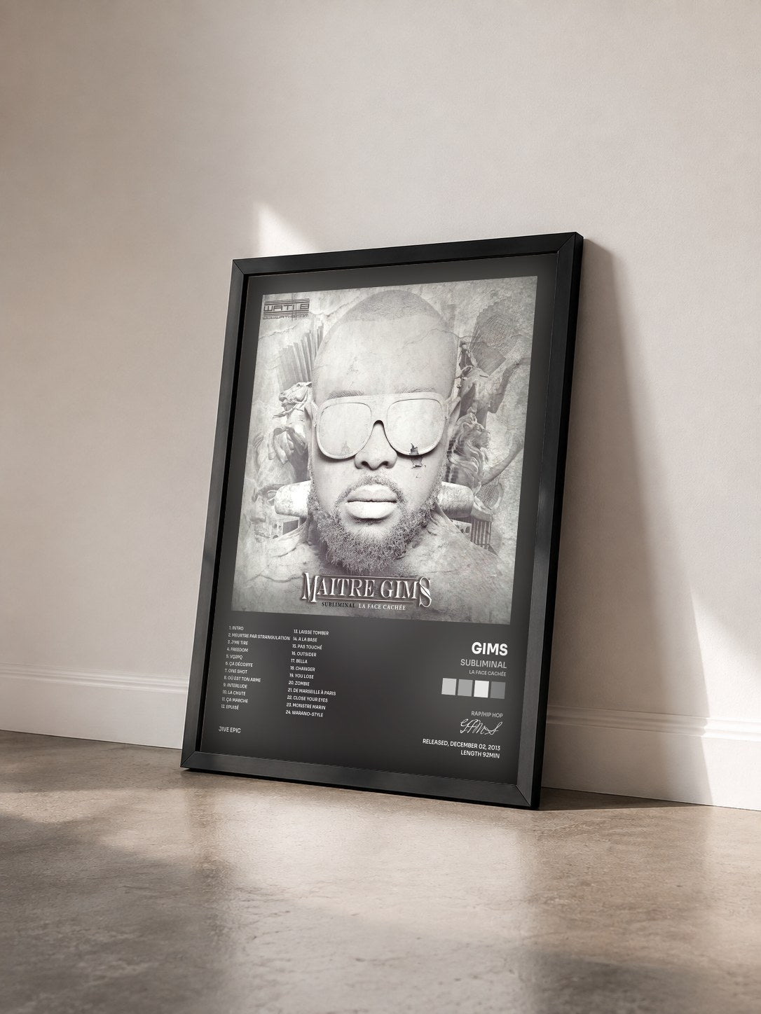 #noir Tableau de l'album Subliminal (La face cachée) de GIMS vu de trois quarts, cadre noir