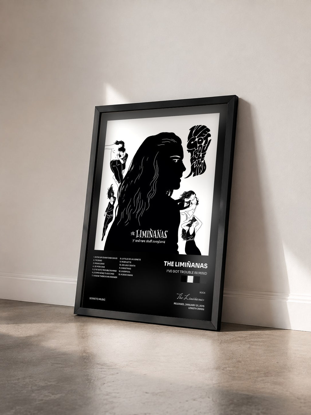 #noir I've Got Trouble In Mind di The Limiñanas in stampa incorniciata vista di tre quarti, cornice nera