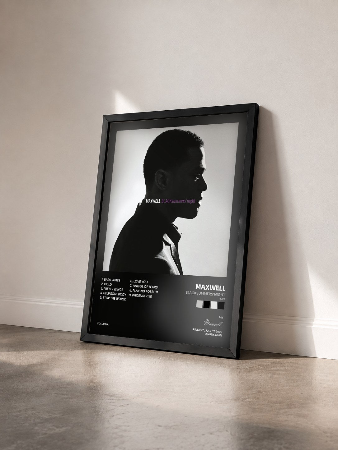 #noir Tableau de l'album BLACKsummers'night (2009) de Maxwell vu de trois quarts, cadre noir