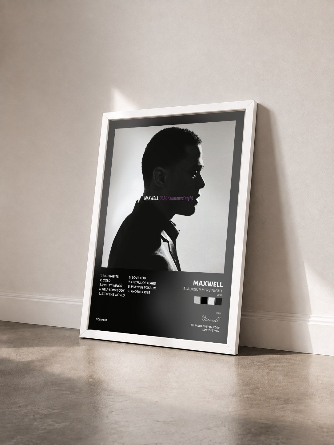 #blanc Tableau de l'album BLACKsummers'night (2009) de Maxwell vu de trois quarts, cadre blanc
