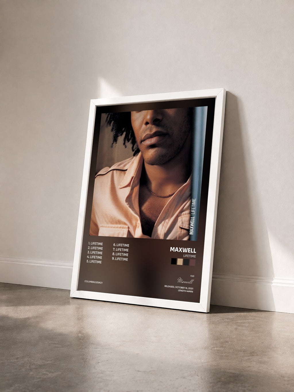 #blanc Tableau de l'album Lifetime de Maxwell vu de trois quarts, cadre blanc