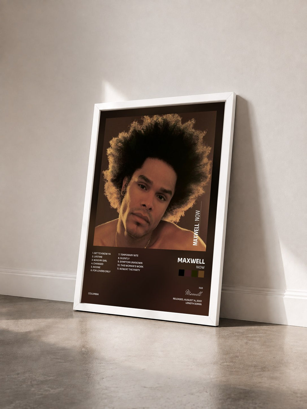 #blanc Tableau de l'album Now de Maxwell vu de trois quarts, cadre blanc