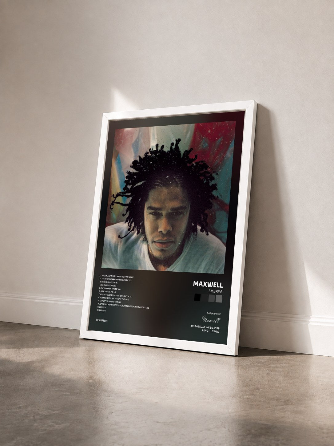 #blanc Tableau de l'album Embrya de Maxwell vu de trois quarts, cadre blanc