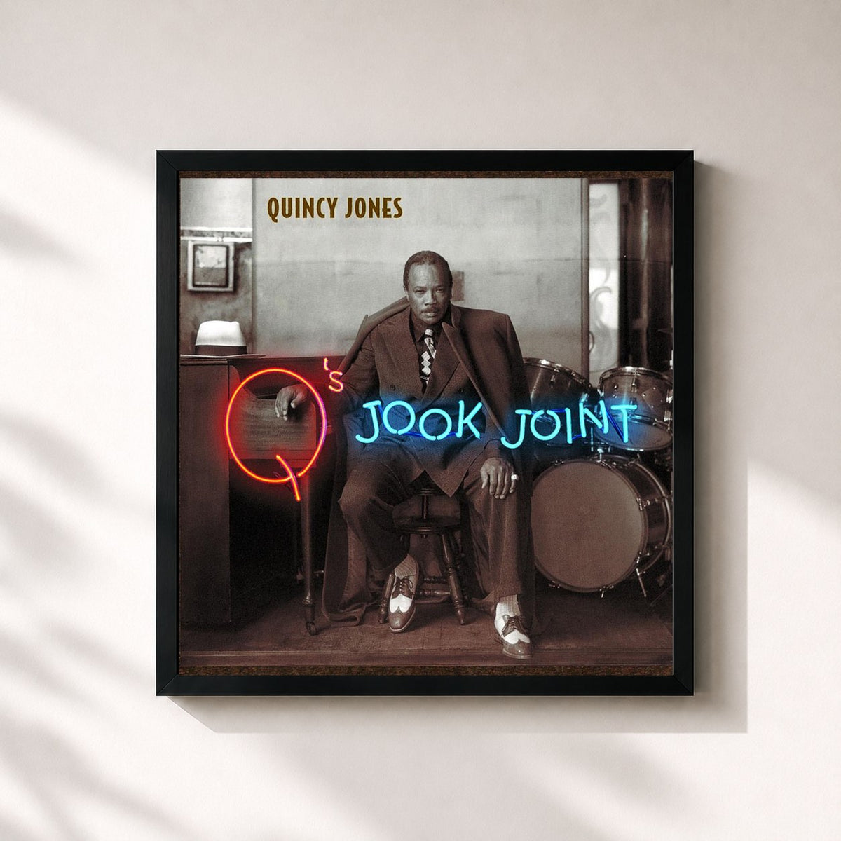#noir Tableau carré de l'album Q's Jook Joint de Quincy Jones, cadre noir 32x32 cm