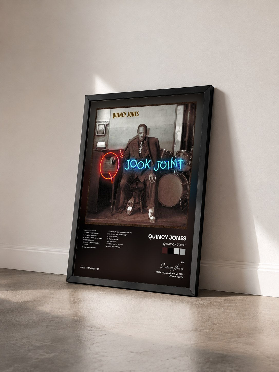 #noir Tableau de l'album Q's Jook Joint de Quincy Jones vu de trois quarts, cadre noir