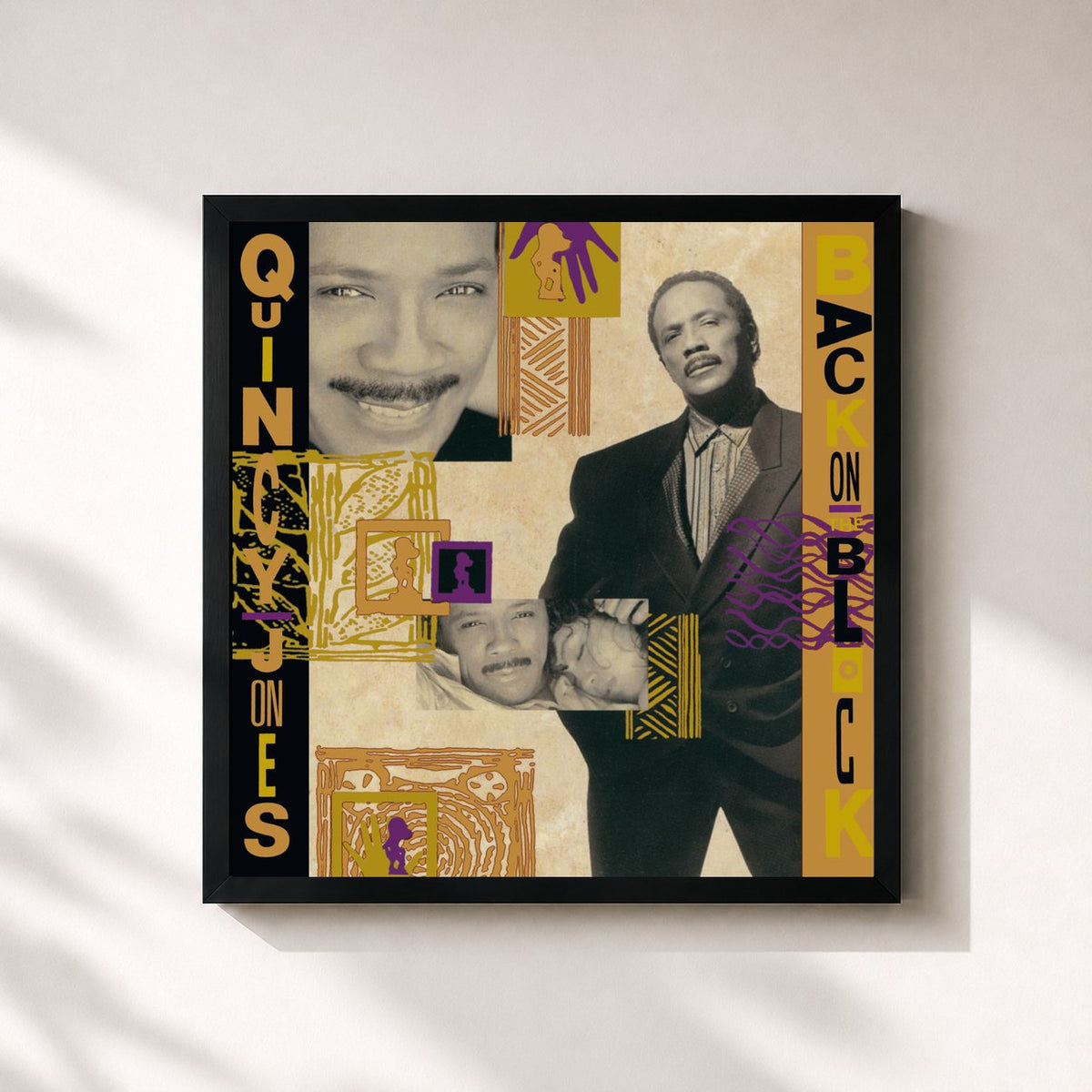 #noir Tableau carré de l'album Back On The Block de Quincy Jones, cadre noir 32x32 cm