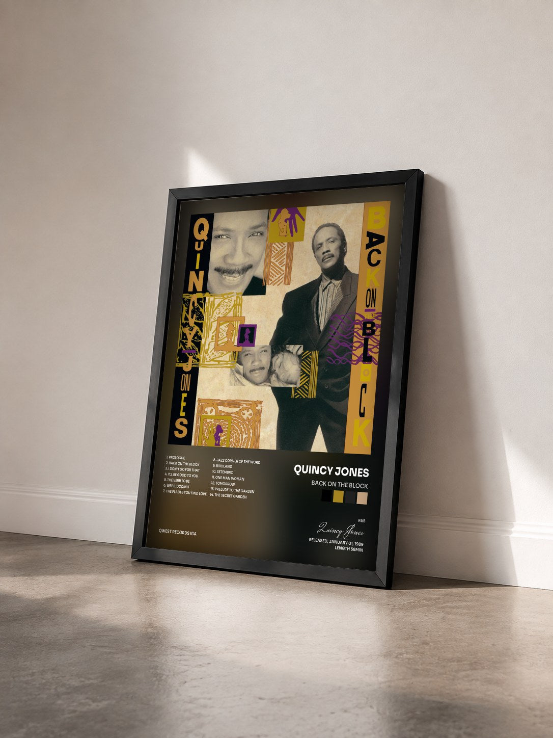 #noir Tableau de l'album Back On The Block de Quincy Jones vu de trois quarts, cadre noir