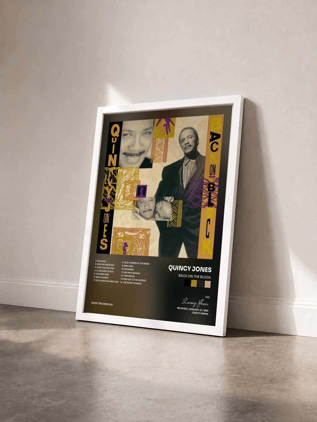 #blanc Tableau de l'album Back On The Block de Quincy Jones vu de trois quarts, cadre blanc