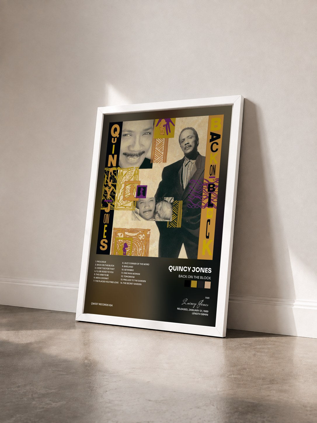 #blanc Tableau de l'album Back On The Block de Quincy Jones vu de trois quarts, cadre blanc