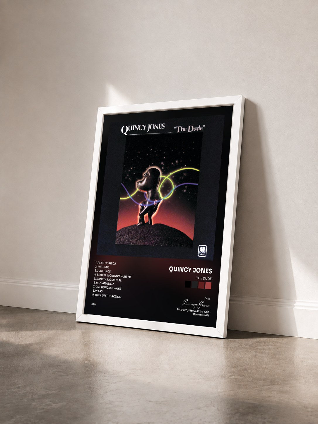 #blanc Tableau de l'album The Dude de Quincy Jones vu de trois quarts, cadre blanc