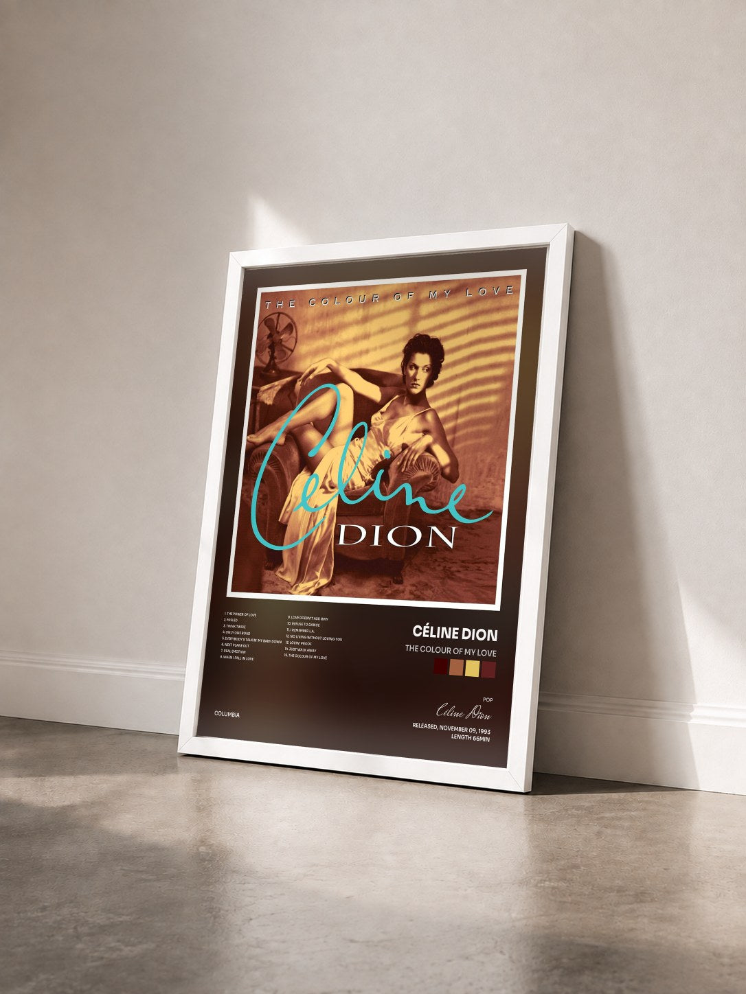 #blanc Tableau de l'album The Colour Of My Love de Céline Dion vu de trois quarts, cadre blanc