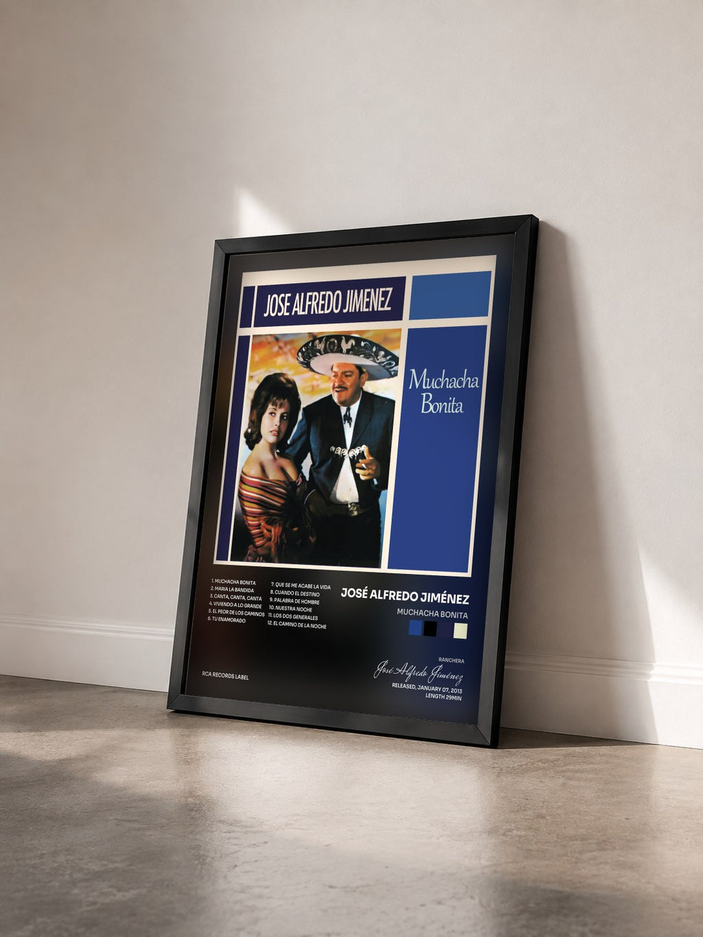 #noir Tableau de l'album Muchacha Bonita de José Alfredo Jiménez vu de trois quarts, cadre noir