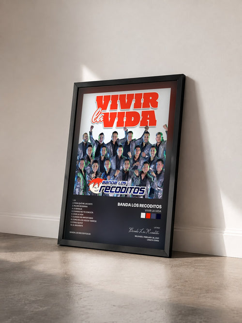 #noir Vivir La Vida by Banda Los Recoditos as a framed art print seen at an angle, black frame