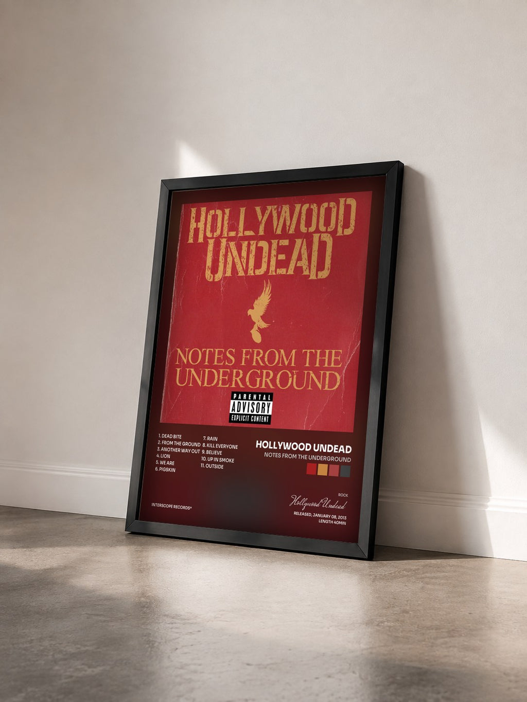 #noir Tableau de l'album Notes From The Underground de Hollywood Undead vu de trois quarts, cadre noir