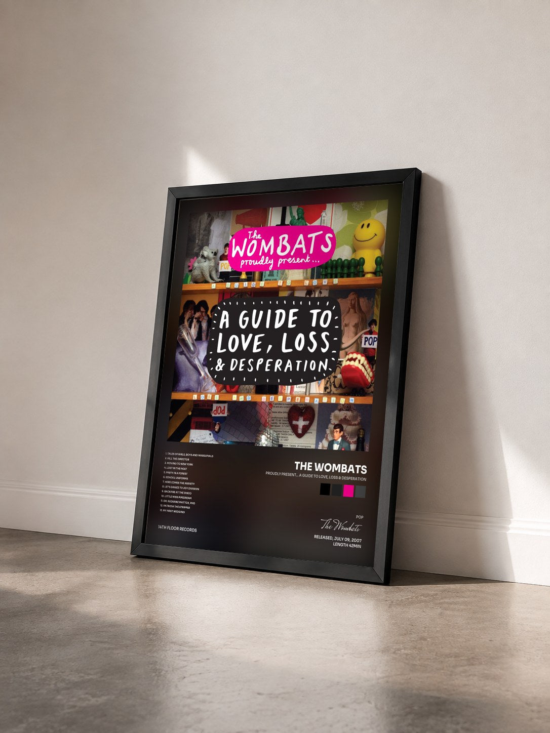 #noir Tableau de l'album Proudly Present... A Guide to Love, Loss & Desperation de The Wombats vu de trois quarts, cadre noir