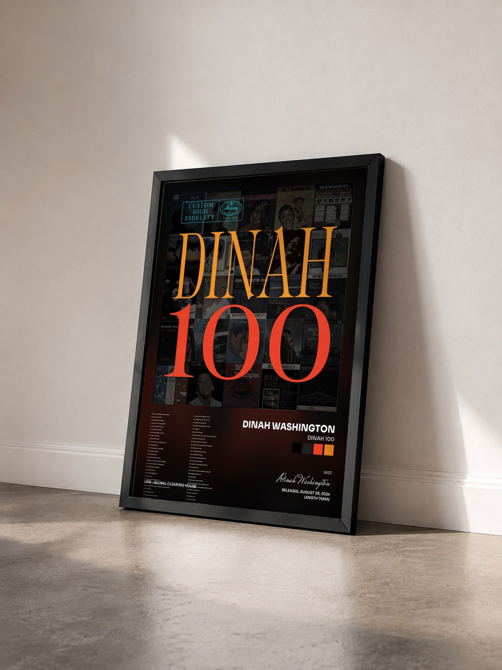 #noir Tableau de l'album Dinah 100 de Dinah Washington vu de trois quarts, cadre noir