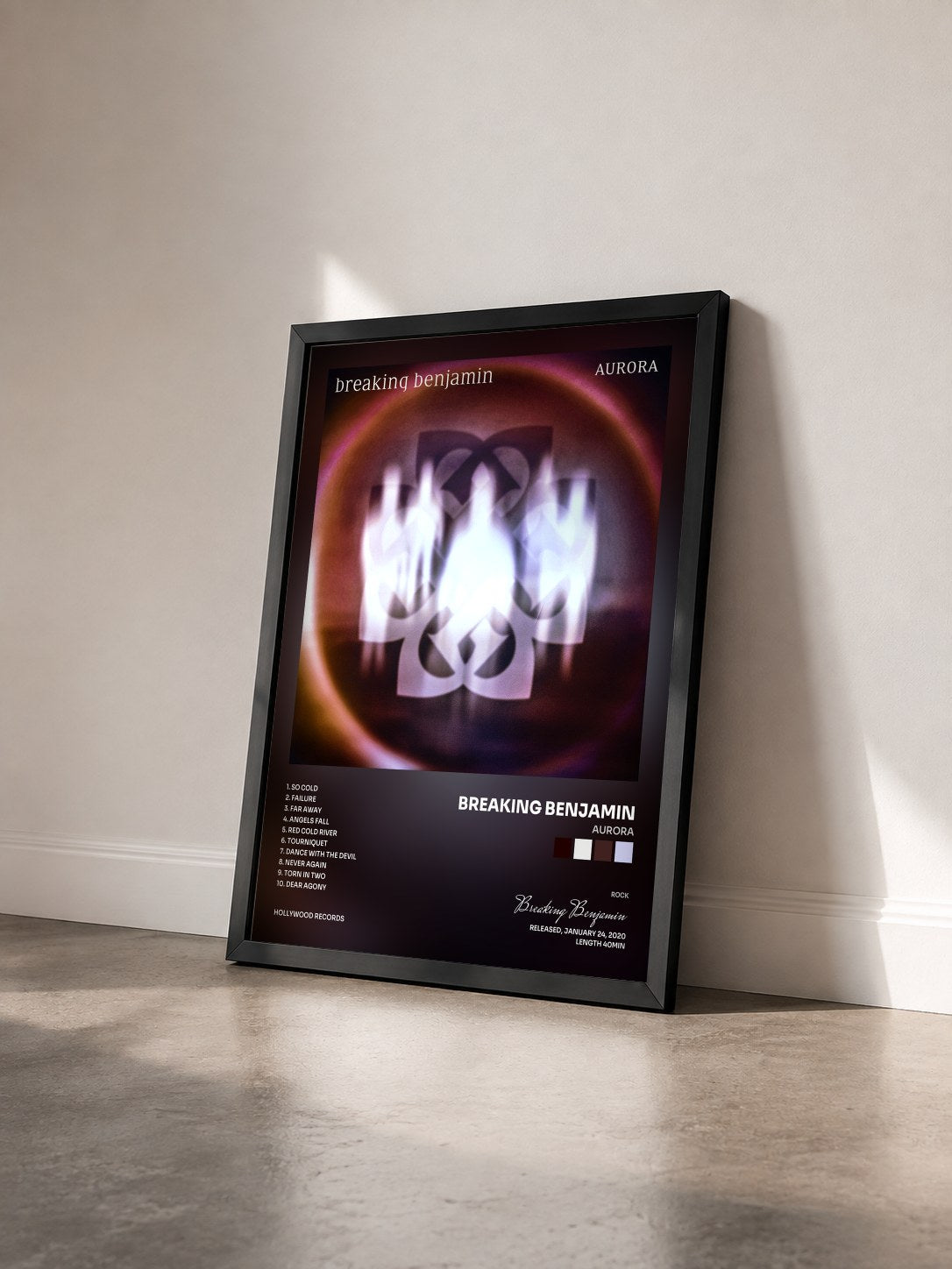 #noir Aurora by Breaking Benjamin as a framed art print seen at an angle, black frame