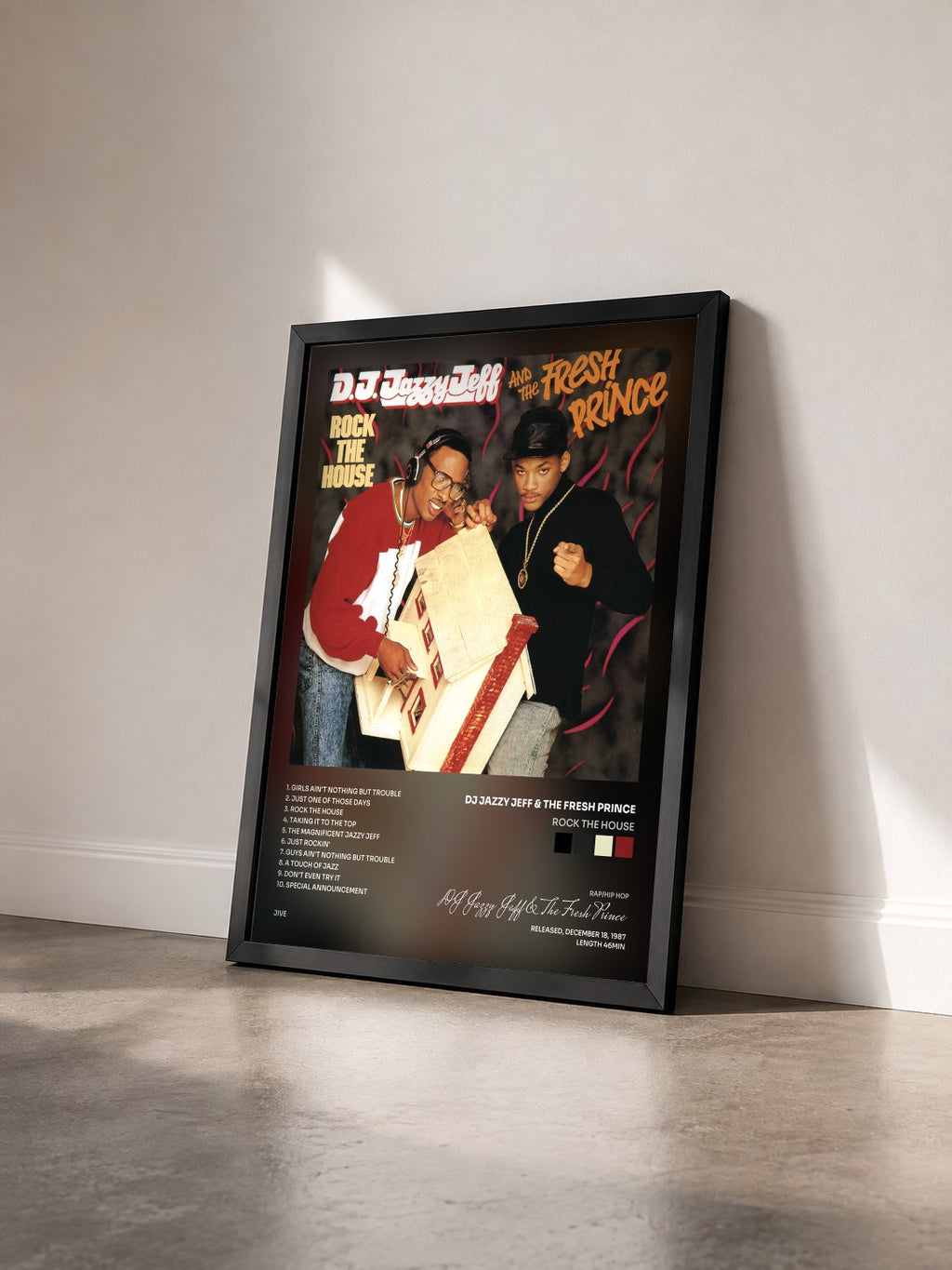 #noir Tableau de l'album Rock The House de DJ Jazzy Jeff & The Fresh Prince vu de trois quarts, cadre noir