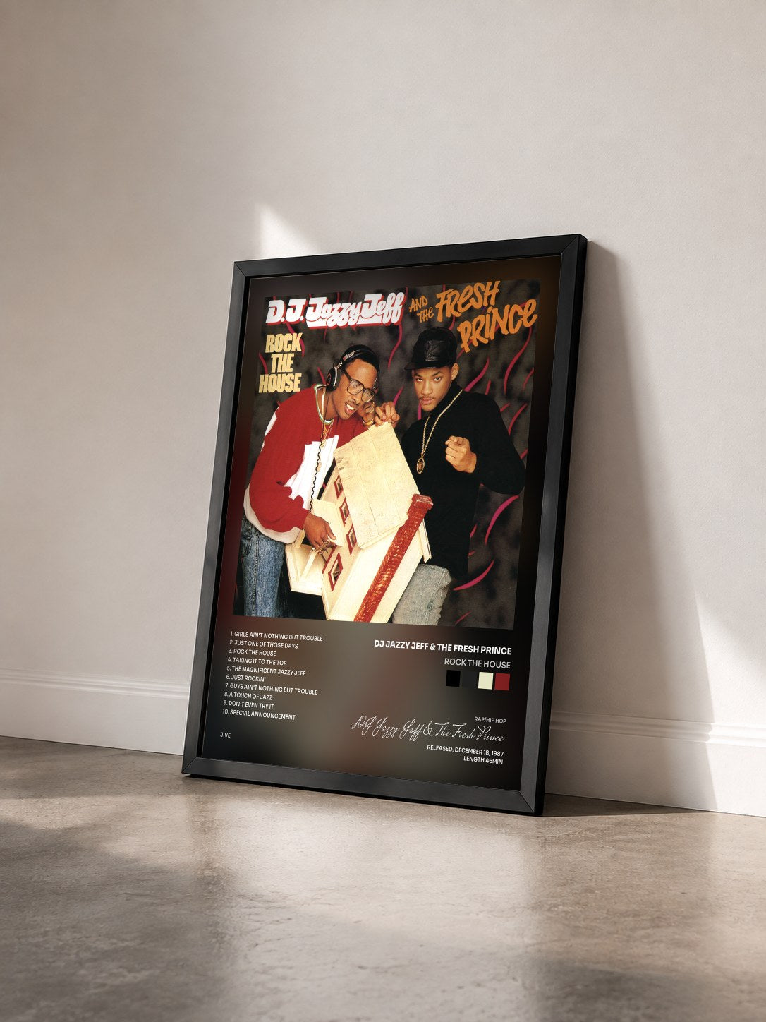 #noir Tableau de l'album Rock The House de DJ Jazzy Jeff & The Fresh Prince vu de trois quarts, cadre noir