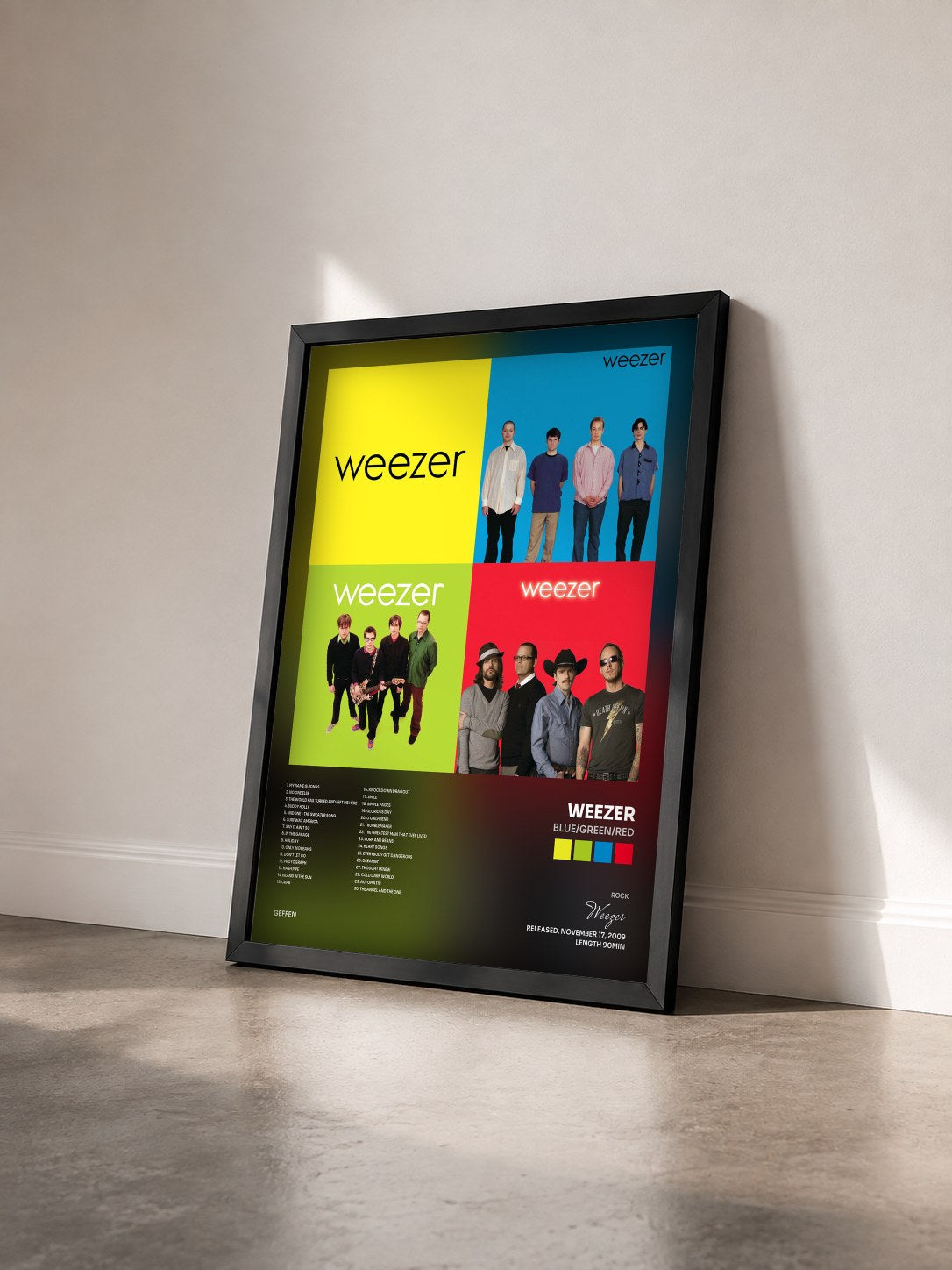 #noir Tableau de l'album Blue/Green/Red de Weezer vu de trois quarts, cadre noir