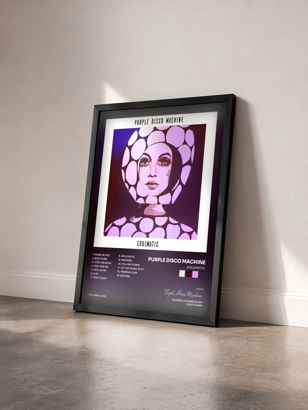 #noir Tableau de l'album Soulmatic de Purple Disco Machine vu de trois quarts, cadre noir