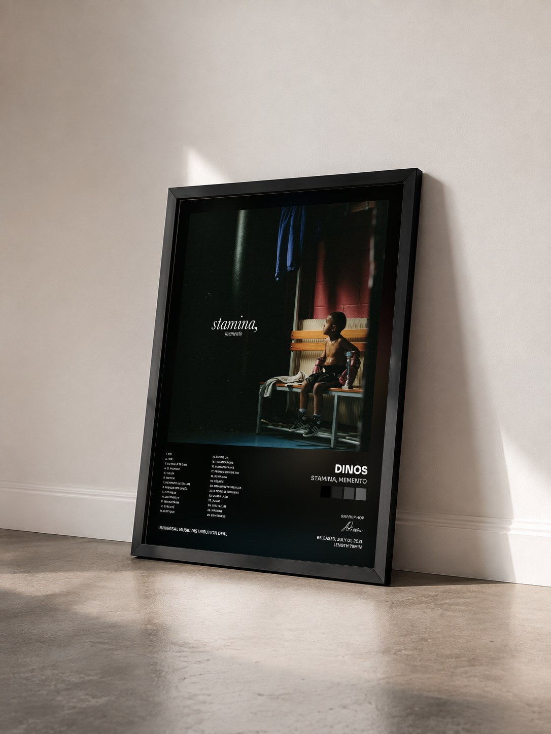 #noir Stamina, Memento by Dinos as a framed art print seen at an angle, black frame