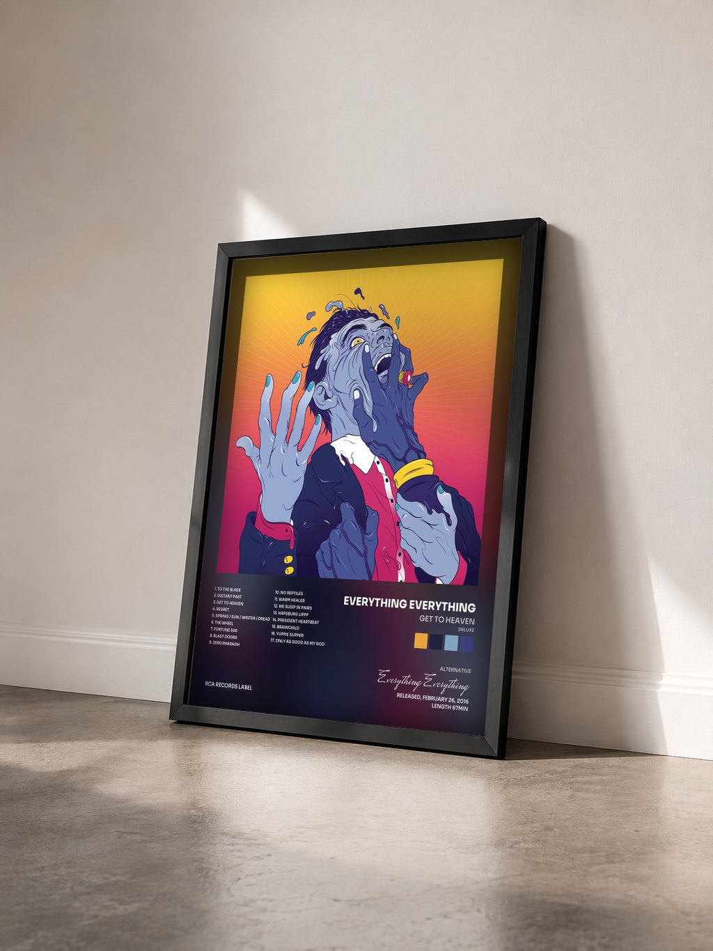 #noir Tableau de l'album Get To Heaven (Deluxe) de Everything Everything vu de trois quarts, cadre noir