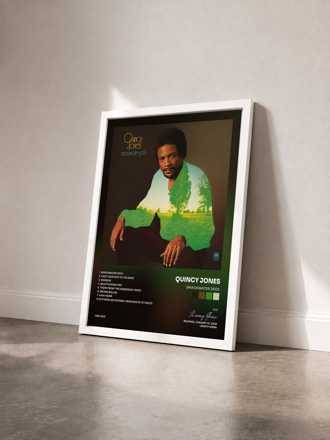 #blanc Tableau de l'album Smackwater Jack de Quincy Jones vu de trois quarts, cadre blanc