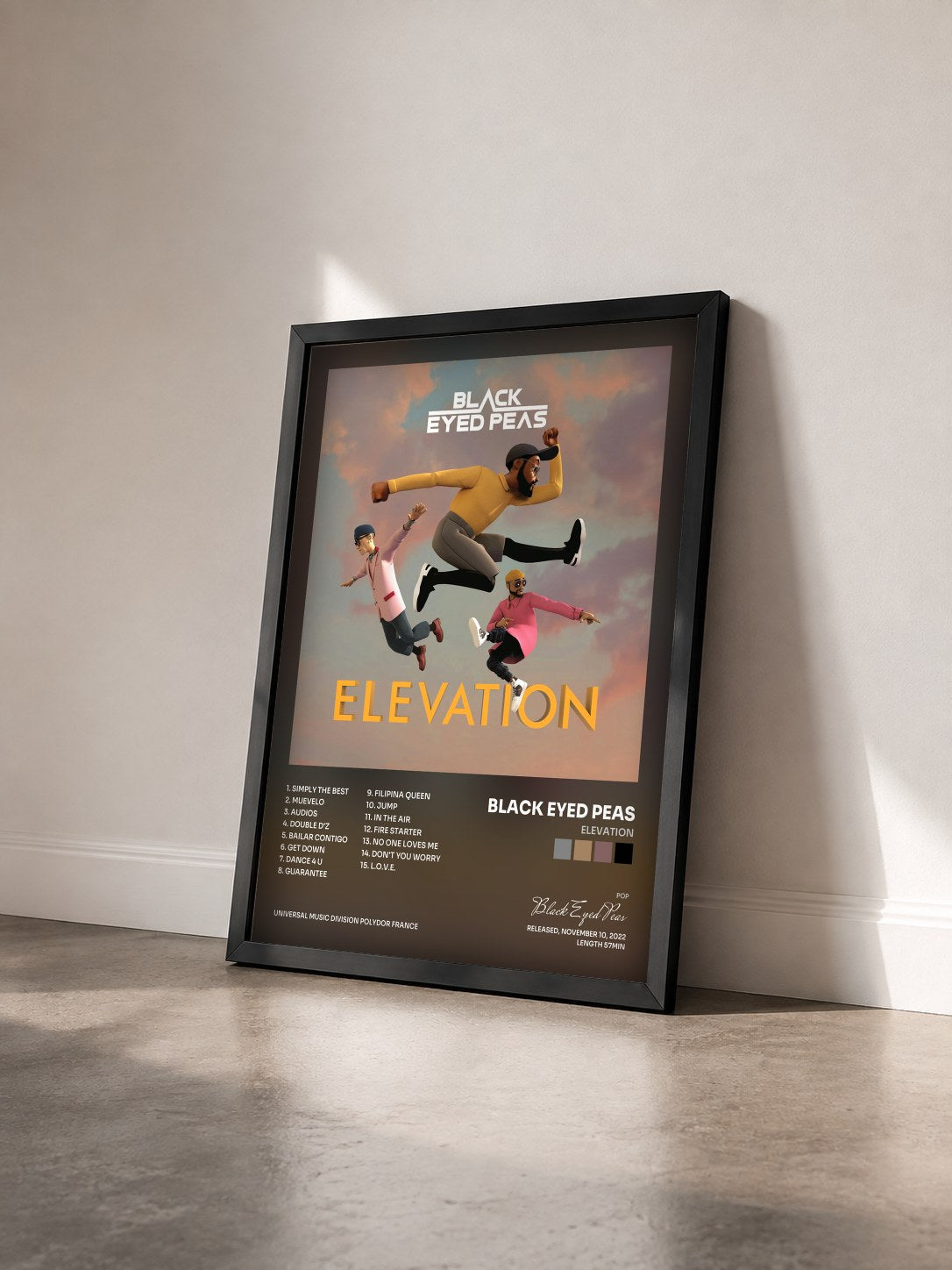 #noir Elevation von Black Eyed Peas als gerahmter Kunstdruck von schräg gesehen, schwarzer Rahmen