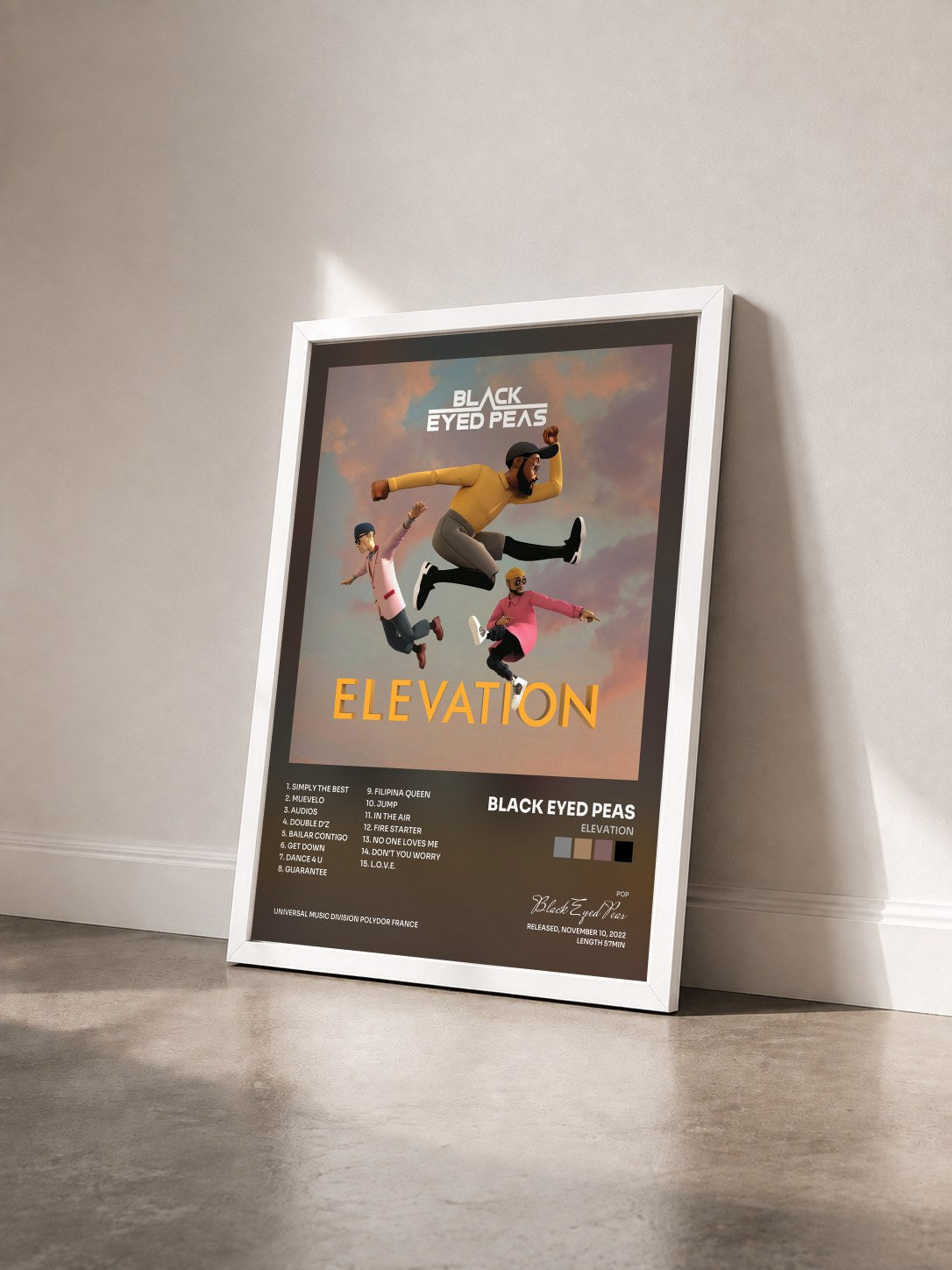 #blanc Elevation von Black Eyed Peas als gerahmter Kunstdruck von schräg gesehen, weißer Rahmen