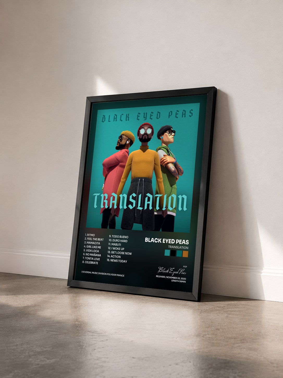 #noir Translation von Black Eyed Peas als gerahmter Kunstdruck von schräg gesehen, schwarzer Rahmen