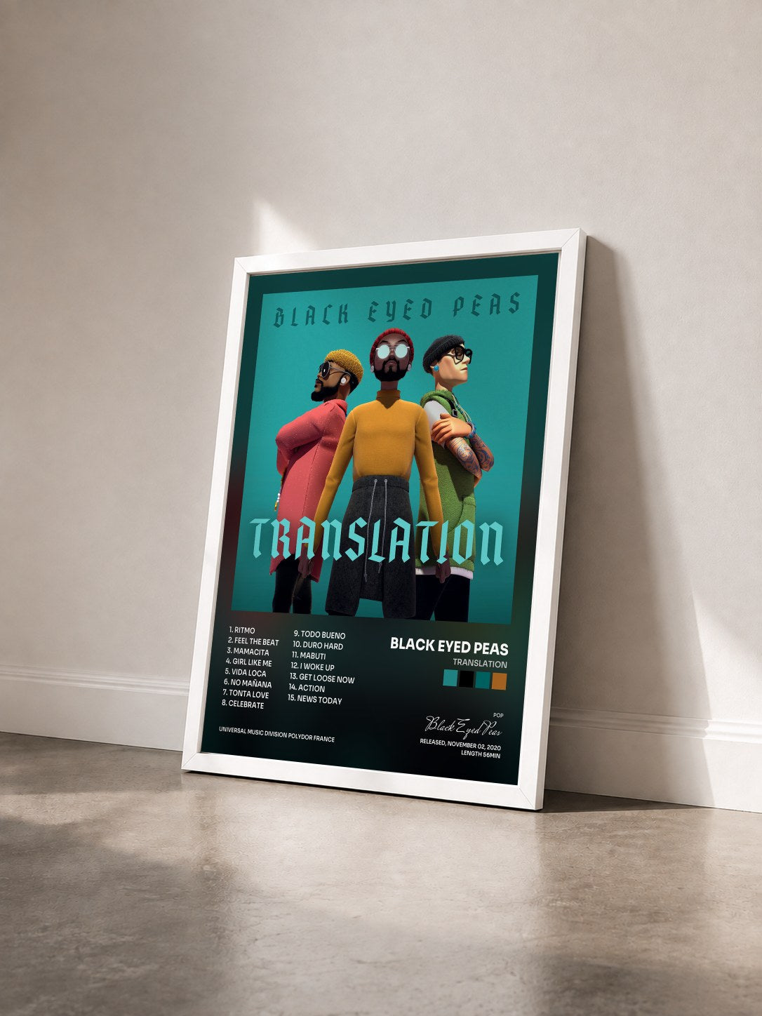 #blanc Translation von Black Eyed Peas als gerahmter Kunstdruck von schräg gesehen, weißer Rahmen