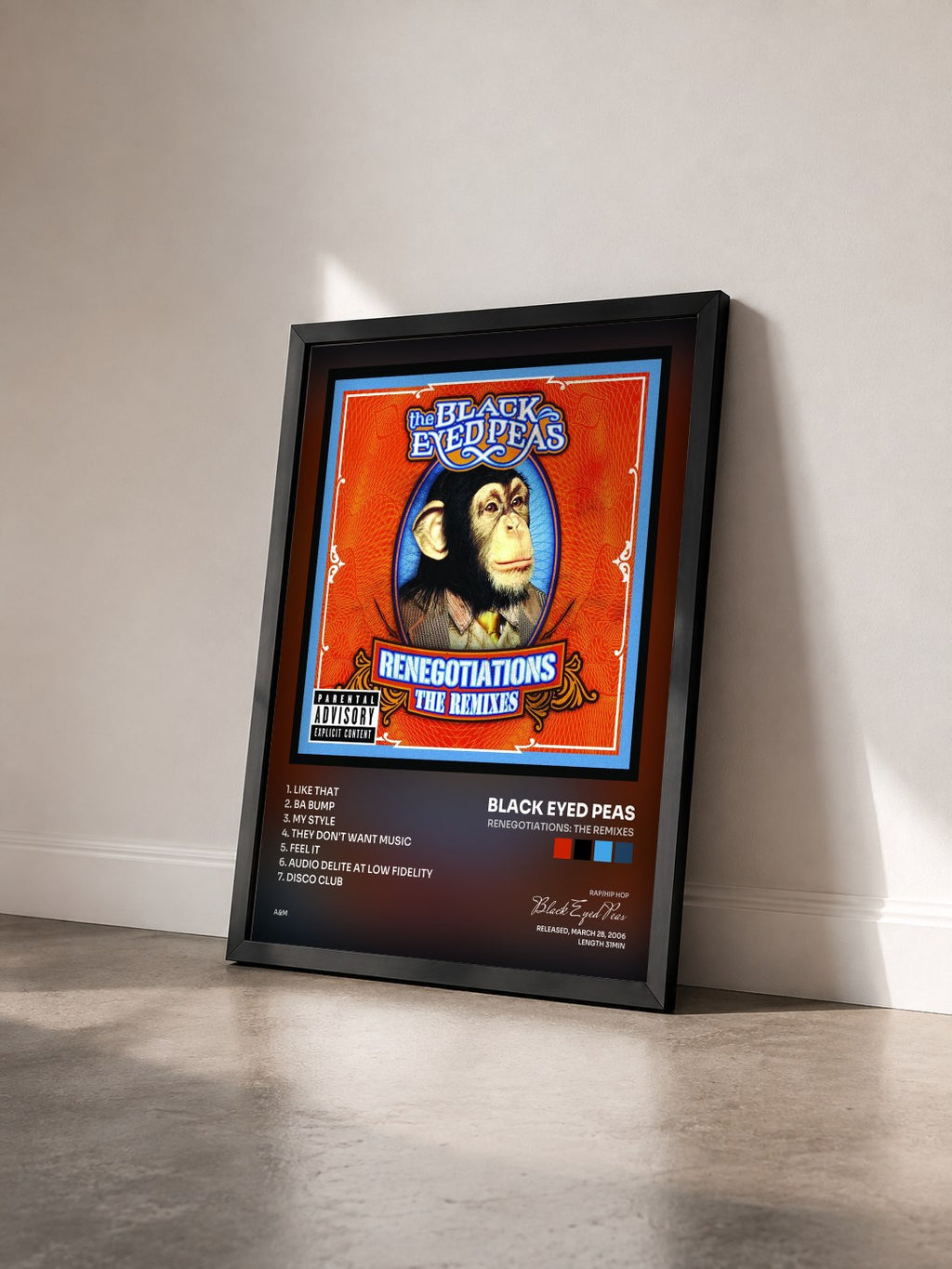 #noir Tableau de l'album Renegotiations: The Remixes de Black Eyed Peas vu de trois quarts, cadre noir