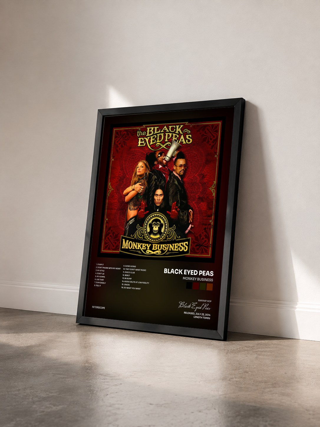 #noir Monkey Business by Black Eyed Peas as a framed art print seen at an angle, black frame