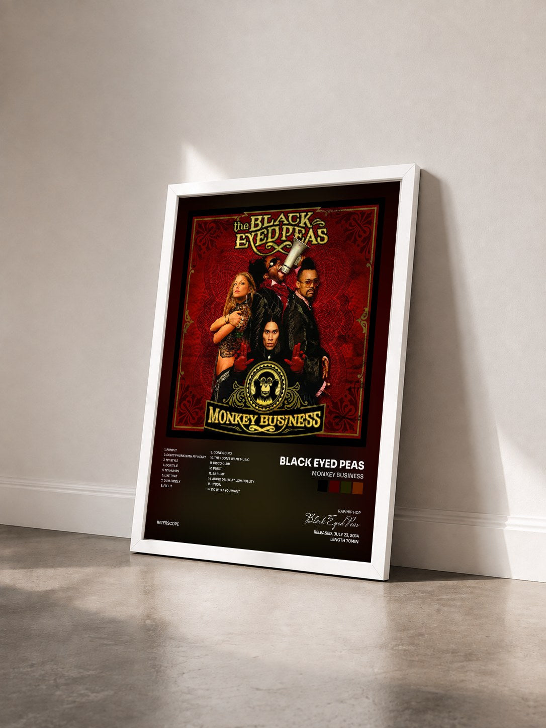 #blanc Monkey Business by Black Eyed Peas as a framed art print seen at an angle, white frame
